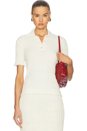 Bottega Veneta Rib Knit Polo Top in String - White. Size M (also in S).