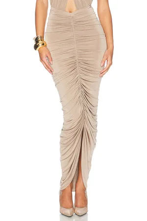 Helsa Bianca Ruched Midi Skirt in Taupe - Taupe. Size L (also in M, S, XL, XS, XXS).