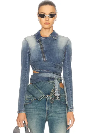 Y / PROJECT Wrap Fitted Denim Jacket in Faded Blue - Denim-Medium. Size M (also in S, XS).