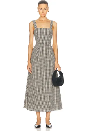 POSSE Amelia Square Neck Dress in Gingham Black & Cream - Black. Size L (also in M, S, XS).