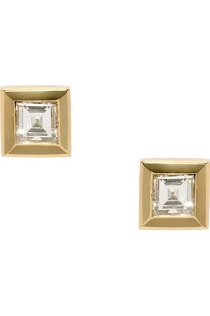 Azlee Bare Carre Stud Earrings in 18k Yellow Gold & Diamond - Metallic Gold. Size all.