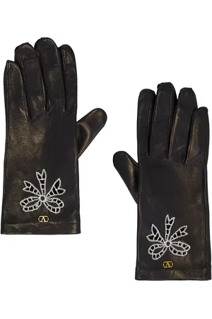 VALENTINO GARAVANI V Logo Signature Gloves in Nero Burro & Antique Brass - Black. Size 6 (also in 6.5, 7, 7.5, 8).