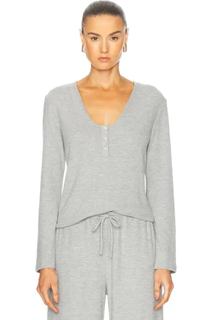 Leset Lauren V Neck Henley Top in Grey Melange - Grey. Size L (also in M, S, XL, XS).