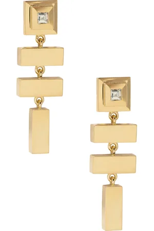 Azlee Scattered Gold Bar & Carre Diamond Staircase Earrings in 18k Yellow Gold & Diamond - Metallic Gold. Size all.