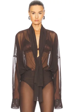 Norma Kamali Super Oversized Boyfriend Shirt Bow Bodysuit in Espresso - Chocolate. Size L (also in M, S, XS).