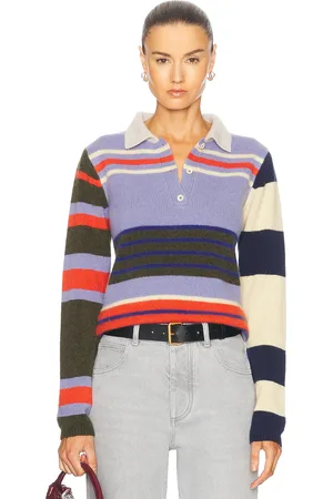 THE ELDER STATESMAN Chaos Stipe Fitted Polo Sweater in New Olive Anemone Persimmon Blue Jay Butter & Navy - Lavender,Charcoal. Size M (also in S