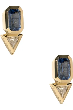 Azlee Sapphire & Trillion Diamond Stud Earrings in 18k Yellow Gold Sapphire & Diamond - Metallic Gold. Size all.