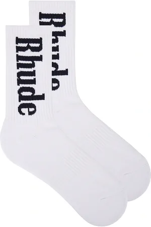Rhude Vertical Logo Socks in White & Navy - White. Size all.