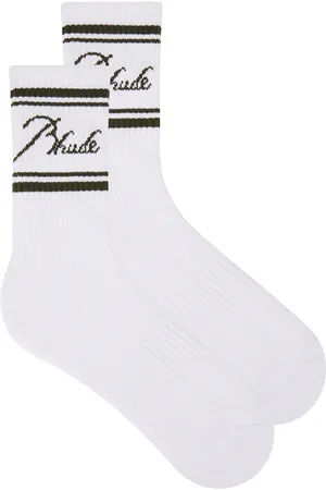 Rhude Striped Script Logo Socks in White & Olive - White. Size all.