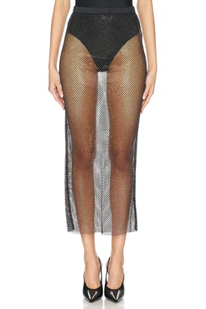 FLEUR DU MAL Rhinestone Fishnet Maxi Skirt in Black - Black. Size L (also in S, XS).