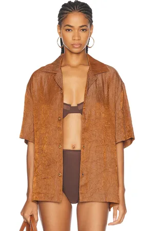 WAO Crinkled Short Sleeve Shirt in Brown - Brown. Size L (also in M, S, XS).