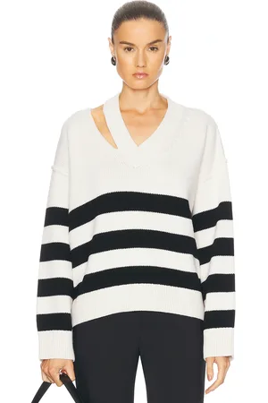 Rohe Deconstructed Cashmere Knitted Breton V-Neck Sweater in Off White & Black White Stripe - White. Size 34 (also in 36, 38, 40, 42).