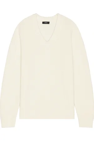 THEORY Heavy Wool Cashmere V-Neck Sweater in Winter White - White. Size L (also in S, XL/1X).