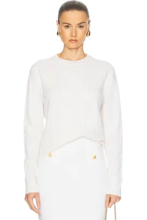 ENZA COSTA Powder Cashmere Cable Knit Crewneck Sweater in Chalk - Cream. Size M (also in S, XS).