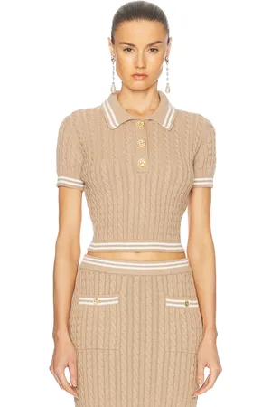 Alessandra Rich Polo Top in Sand - Brown. Size 38 (also in 40, 42).