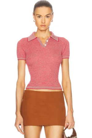 Guest In Residence Cashmere Shrunken Polo in True Red & Cream - Red. Size L (also in M, S, XL, XS).