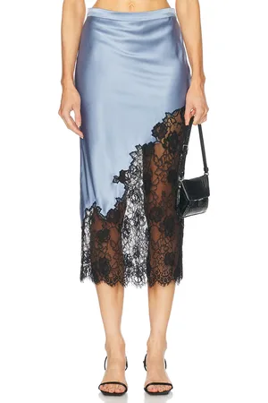 FLEUR DU MAL Silk And Lace Scallop Midi Skirt in Denim - Slate. Size S (also in ).