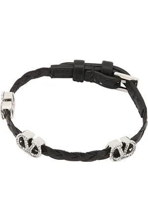 VALENTINO GARAVANI V Logo Signature Leather Bracelet in Nero & Crystal Silver Shade - Black. Size all.