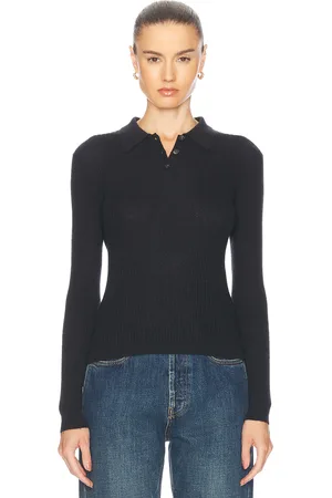 Guest In Residence Long Sleeve Shrunken Polo Top in Black - Black. Size L (also in S, XL, XS).