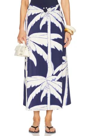 JOHANNA ORTIZ Palms Breath Of Life Midi Skirt in Swim Salty Palms Blue & Ecru - Blue. Size 0 (also in ).