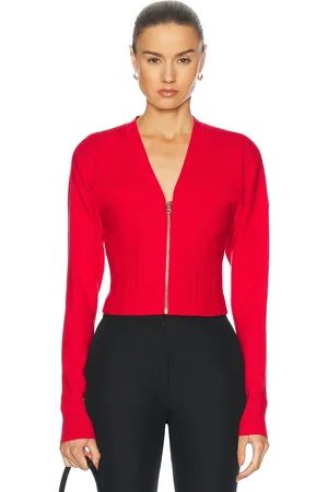 FLEUR DU MAL Knit Zip Bustier Cardigan in Rouge - Red. Size L (also in M, S, XS).