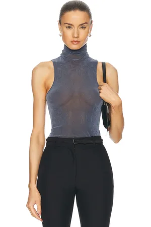 PRISCAVera Turtleneck Racerback Tank Top in Steel Blue - Navy. Size L (also in M, XS).