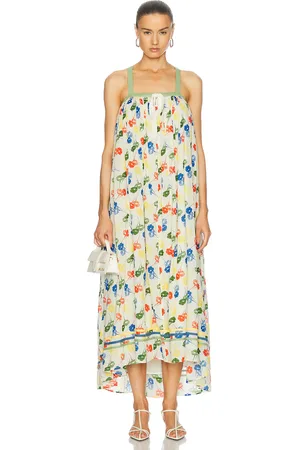 BODE Flower Stamp Dress in White Multi - Yellow,Blue. Size L (also in M, XS).