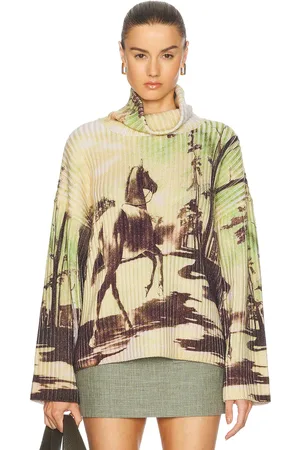 MONSE Horse Print Chunky Rib Knit Sweater in Multi - Green. Size L (also in M, S).