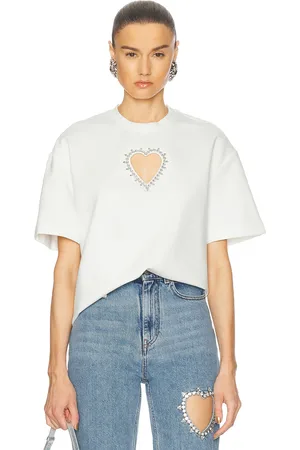 AREA Crystal Heart Cutout T-Shirt in Off White - White. Size L (also in ).