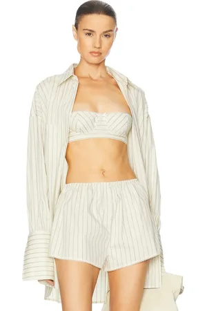 Helsa Pinstripe Poplin Bra in Cream & Black Stripe - Cream. Size L (also in M, S, XL, XS, XXS).