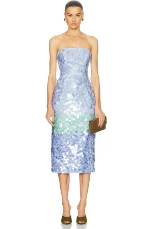 Carolina Herrera Strapless Midi Dress in Celeste Multi - Blue. Size 0 (also in 2, 4, 6).