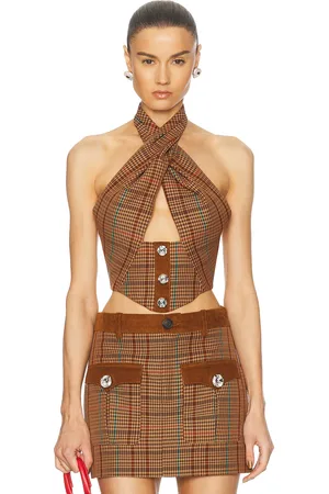 AREA Crystal Halter Top in Caramel Multi - Brown. Size 0 (also in 2).