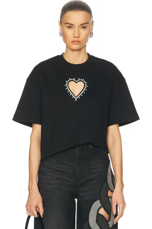 AREA Crystal Heart Cutout T-Shirt in Black - Black. Size S (also in XS).