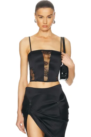FLEUR DU MAL Silk And Bouquet Lace Corset Top in Black - Black. Size L (also in M, S, XS).