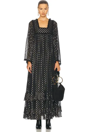 Chloé Flowy Tiered Polka Dot Long Dress in Black - Black. Size 36 (also in 38).