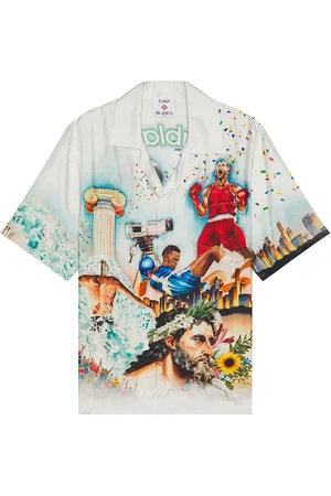 Casablanca Short Sleeve Cuban Collar Shirt in Celebration Du Sport - White. Size L (also in M, S, XL/1X).
