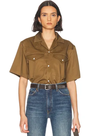 WAO Satin Western Short Sleeve Shirt in Olive - Olive. Size L (also in M, S, XS).