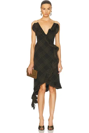 Burberry Asymmetric Midi Dress in Oil IP Check - Olive. Size 0 (also in 2, 4).