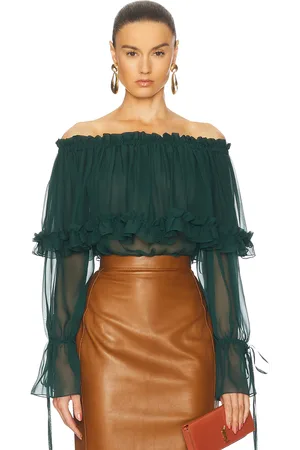 Saint Laurent Sheer Off The Shoulder Blouse in Vert - Dark Green. Size 34 (also in 36).