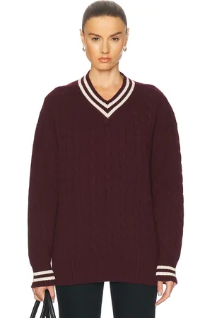 &Daughter Slouchy Cricket V-Neck Cable Sweater in Burgundy & Ecru - Burgundy. Size L (also in M, S, XS).