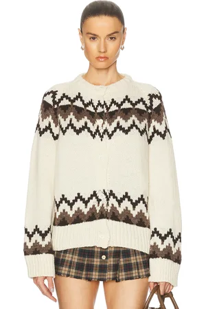 &Daughter Bansha Fairisle Crewneck Cardigan in Ecru Brown & Dark Brown - Ivory. Size L (also in M, S, XS).