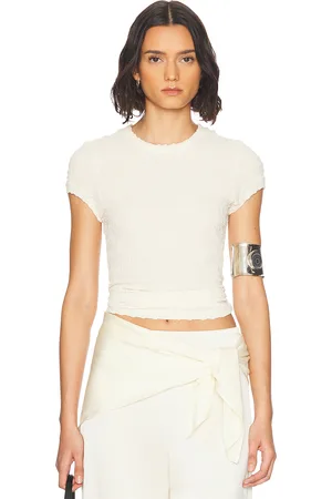 ENZA COSTA Puckered Cap Sleeve Tee in Vanilla - Cream. Size L (also in M, S, XS).