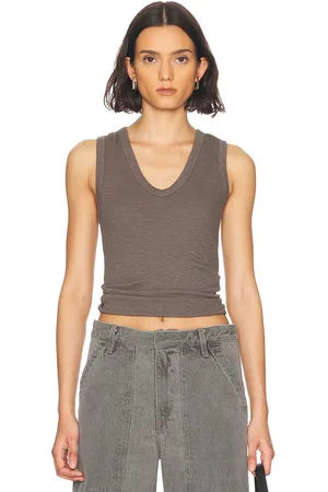 ENZA COSTA Textured Rib Sleeveless U Tank Top in Iron - Taupe. Size L (also in M, S, XL, XS).