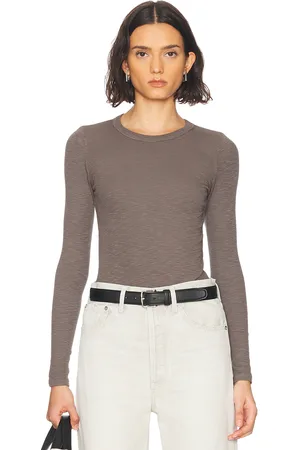 ENZA COSTA Textured Rib Long Sleeve Crewneck Top in Iron - Taupe. Size XS (also in ).