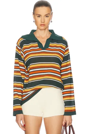 BODE Parakeet Stripe Long Sleeve Polo Top in Multi - Dark Green. Size S (also in ).