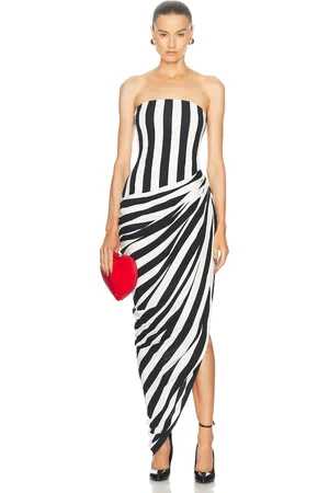 Balmain Bustier Stripe Draped Jersey Long Slit Dress in Noir & Lanc - Black. Size 38 (also in ).