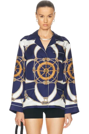 Bally Silk Button Down Shirt in Bone - Navy. Size S (also in XS).