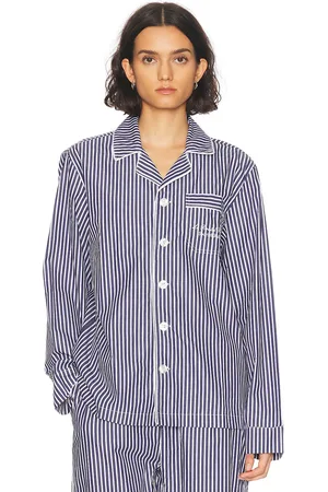 Sporty & Rich X Le Bristol Paris Faubourg Pajama Top in Navy & White - Navy. Size L (also in M, S, XS).