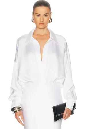 Norma Kamali Super Oversized Boyfriend Shirt Bodysuit in Snow White - White. Size L (also in M, S, XL).