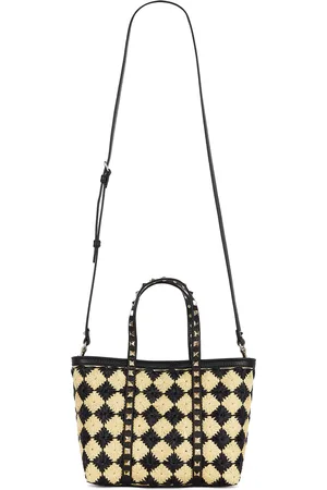 VALENTINO GARAVANI Raffia Mini Rockstud Tote Bag in Naturale & Nero - Black. Size all.